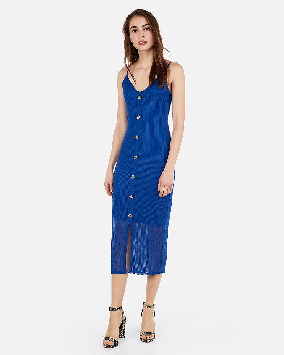 Ribbed Button Front Midi Dress in ...